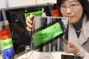 A staff of Japan's Chiba University displays a prototype model of a flexible liquid crystal capsule displays (LCD)
