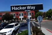 A street sign reading 'Hacker Way' is seen in the parking lot of the Facebook headquarters 