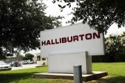 A sign for of Halliburton Co. is seen June 10, 2002 in Fort Worth, Texas
