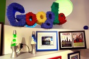 A pinata-style logo hangs in the Google Chicago office 